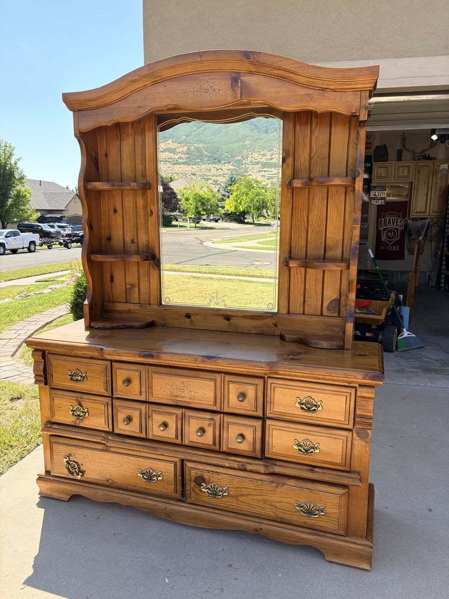 Vintage Solid Pine Dresser with Mirror Hutch and Brass Hardware