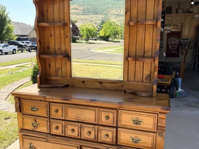 Vintage Solid Pine Dresser with Mirror Hutch and Brass Hardware