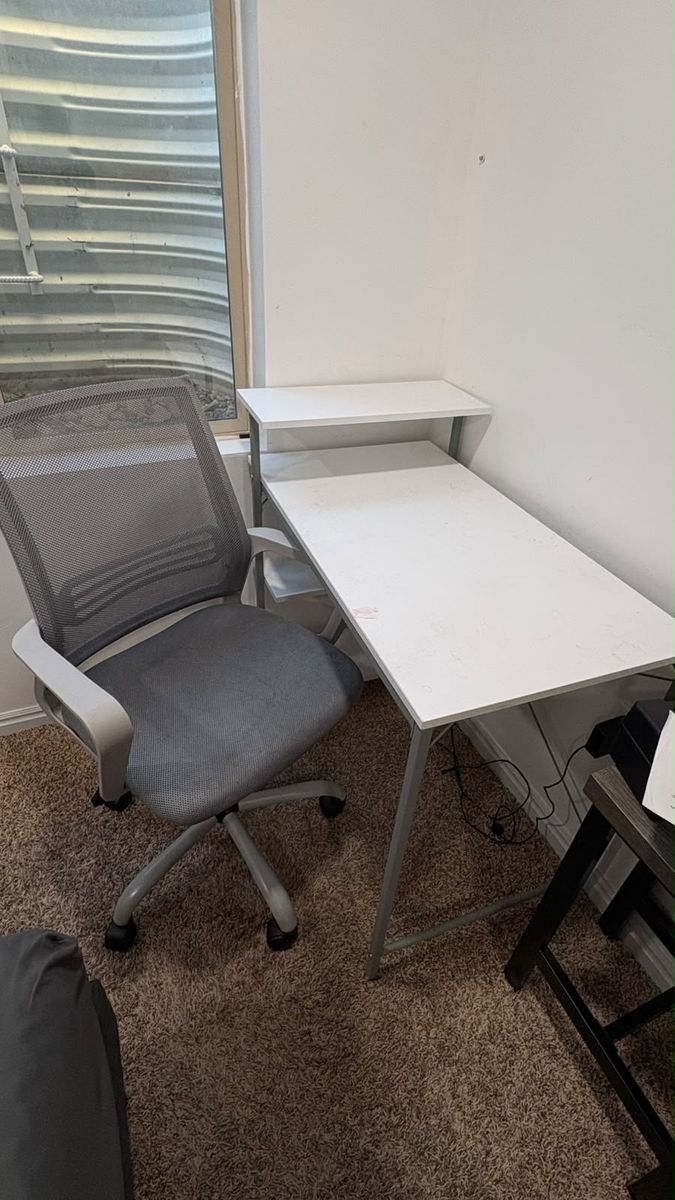 White Computer Desk with Shelf and Grey Mesh Office Chair Set - Home Office Furniture