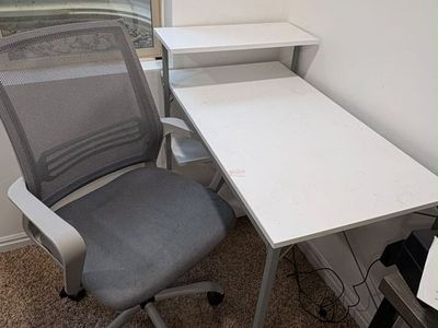 White Computer Desk with Shelf and Grey Mesh Office Chair Set - Home Office Furniture