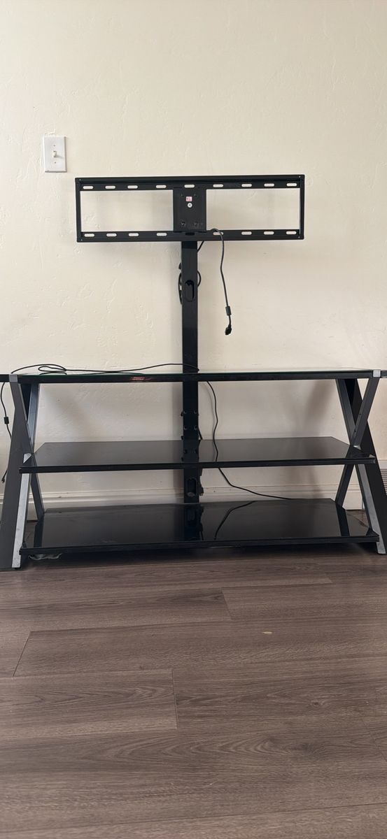 Modern Black Glass TV Stand with Mount - 3 Shelves & Cable Management, Fits Most TVs