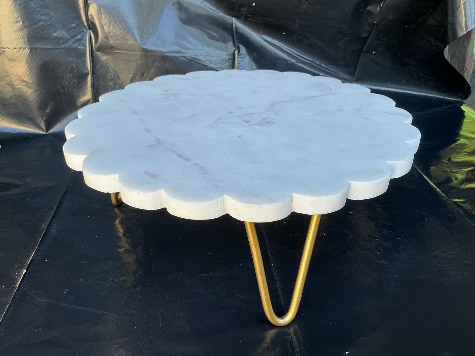 Scalloped Marble Cake Stand with Gold Metal Legs - White Stone Dessert Display Tray