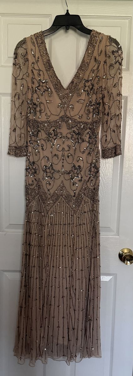 Elegant Nude/Beige Beaded V-Neck Gown, Size 10 - Perfect for Formal Events, Nylon & Polyester