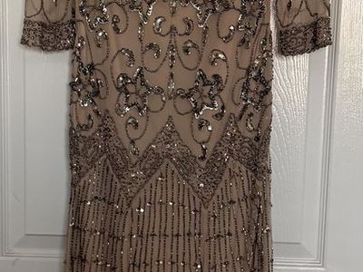 Elegant Nude/Beige Beaded V-Neck Gown, Size 10 - Perfect for Formal Events, Nylon & Polyester