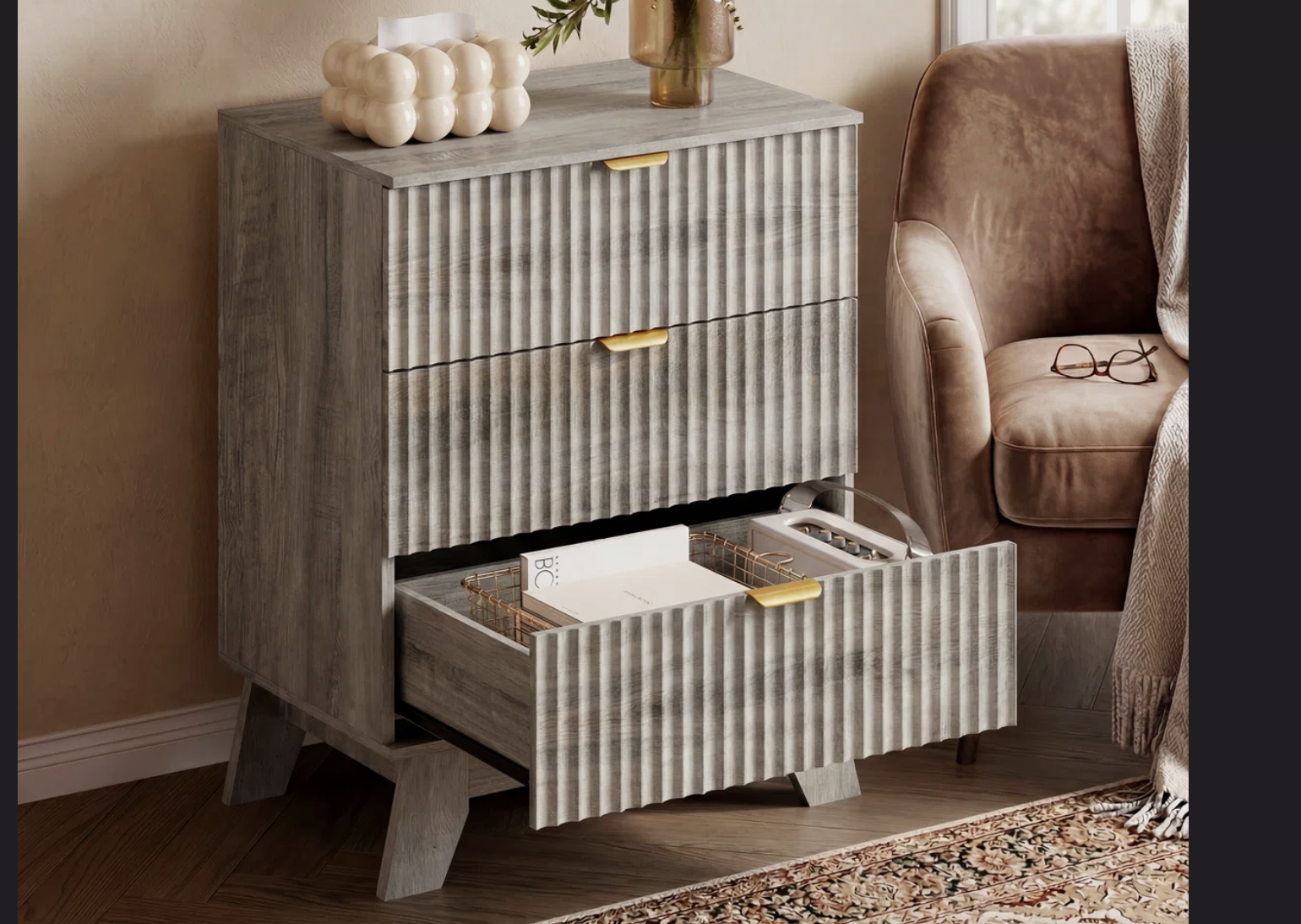 New in Box Fluted 3 -Drawers Dresser Organizer, 23.6''W Wood Wide Chest of Drawers ,Nightstand