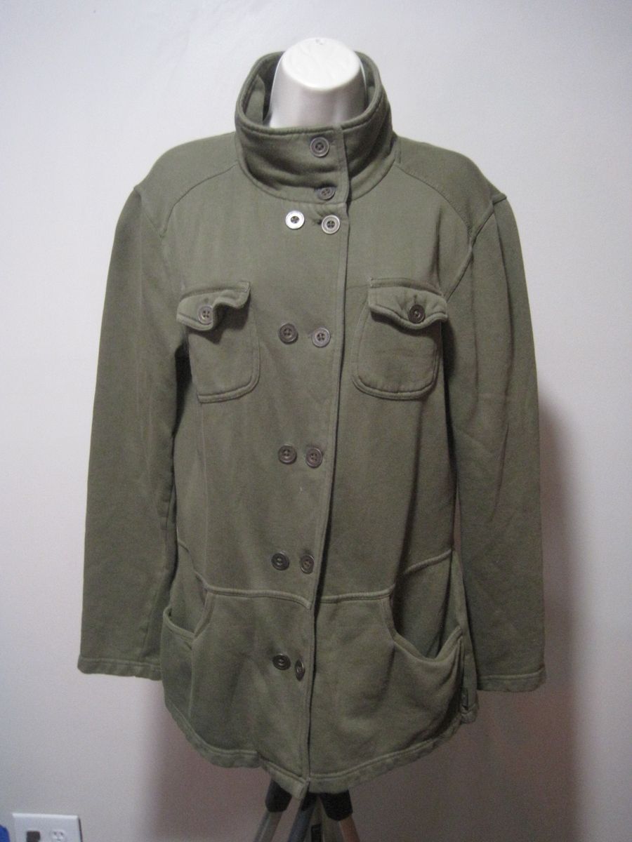 PrAna Women's Large Tori Button Up Double Breasted Army Green Cotton Fleece Coat