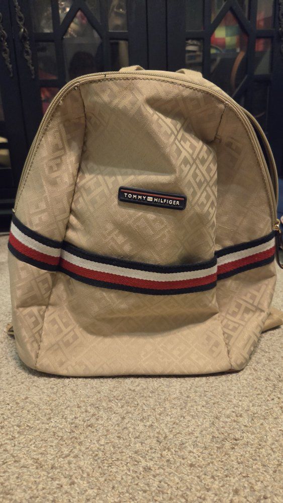 Tommy Hilfiger Monogram Beige Mini Backpack with Signature Stripe