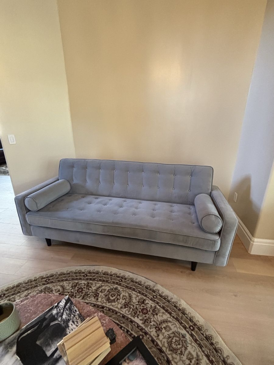 Light Blue Tufted Velvet Sofa with Bolster Pillows