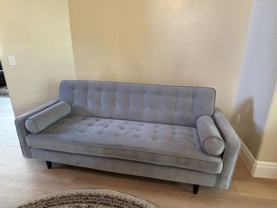 Light Blue Tufted Velvet Sofa with Bolster Pillows