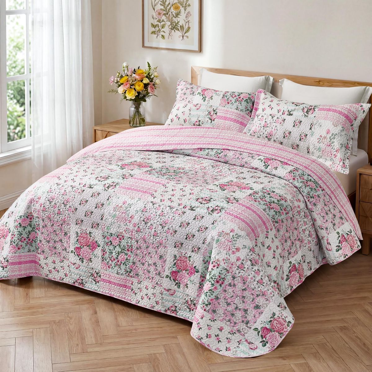 New! keensoft Pink Patchwork King Quilt Floral King Size Quilt 3 Pieces Bedding Set Reversible Soft Lightweight Bedspread