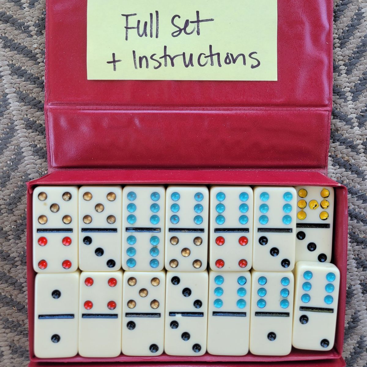 Vintage Double 9 Dominoes by Cardinal +Instructions Red Vinyl Case