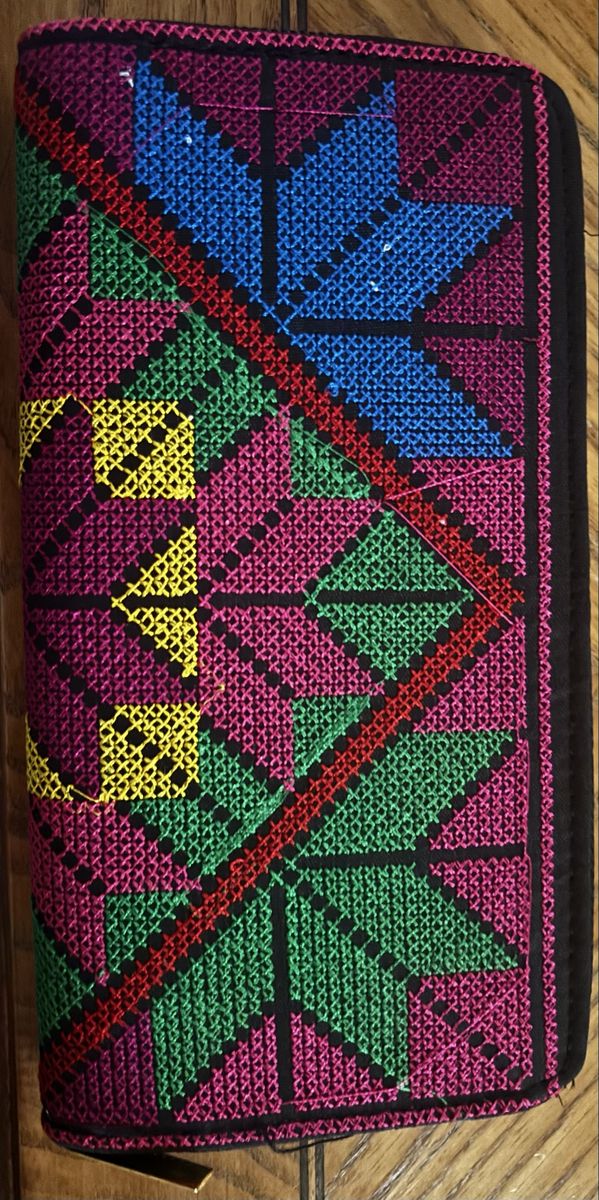 New Embroidered Fabric Zip Around Long Wallet Geometric Pattern Multicolor