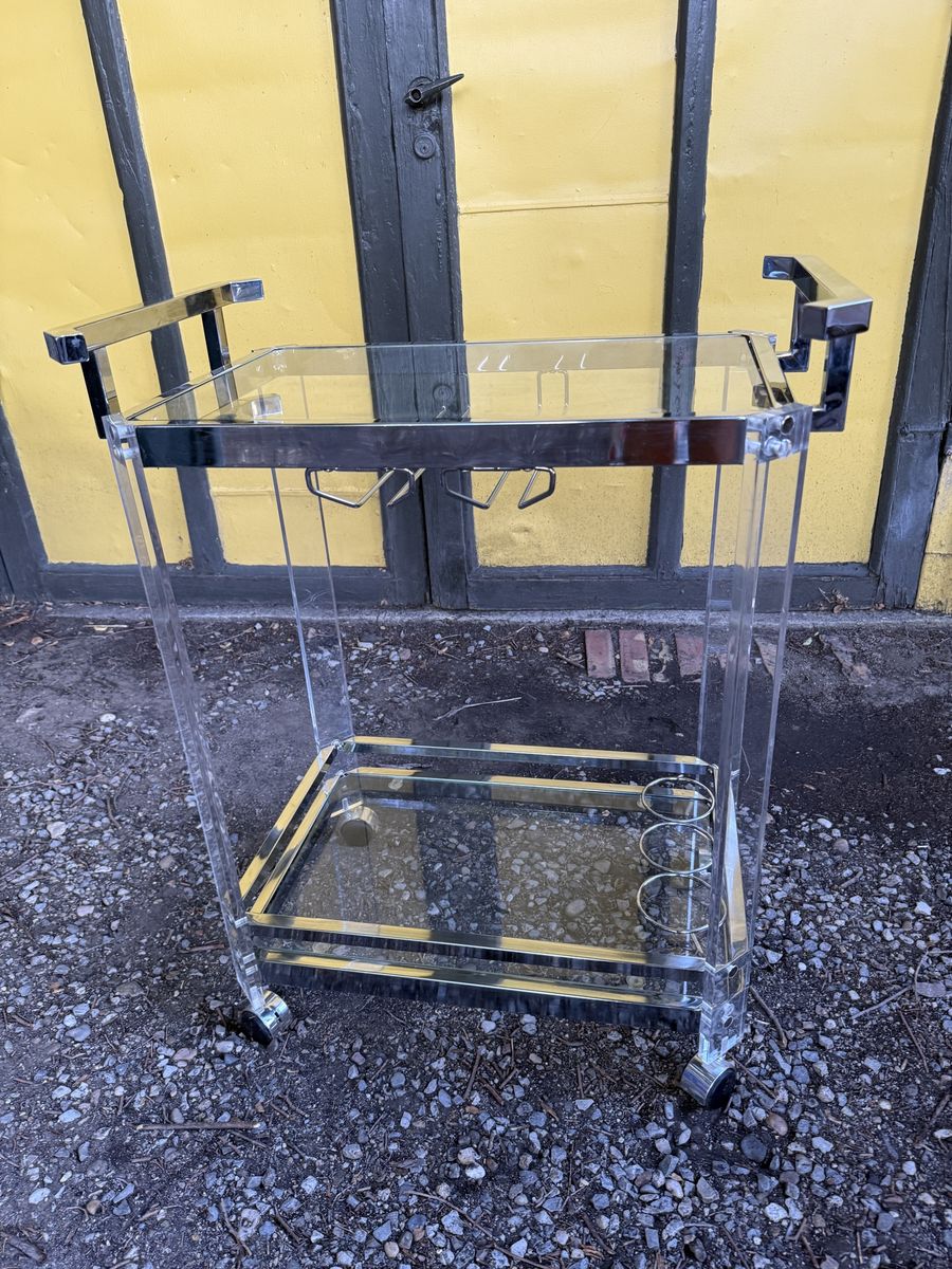 Modern Acrylic and Chrome Bar Cart with Glass Shelves and Bottle Holders
