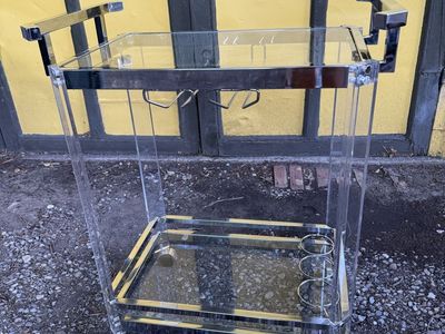 Modern Acrylic and Chrome Bar Cart with Glass Shelves and Bottle Holders