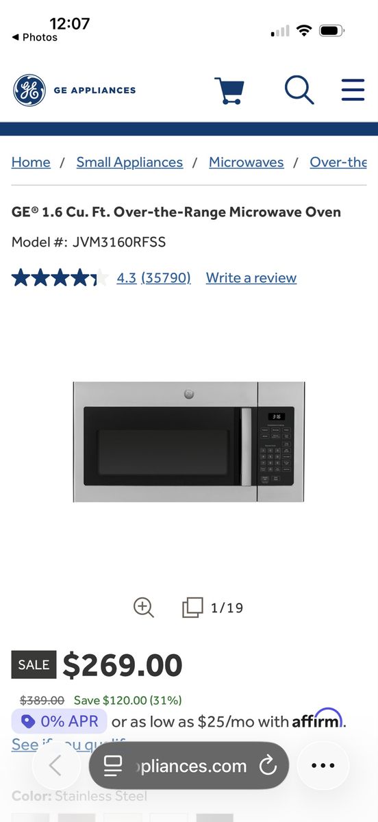 GE JVM3160RFSS 1.6 cu. ft. Over-the-Range Microwave Oven in Stainless Steel