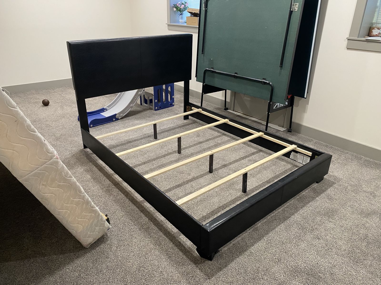 Queen size upholstered platform bed frame with headboard