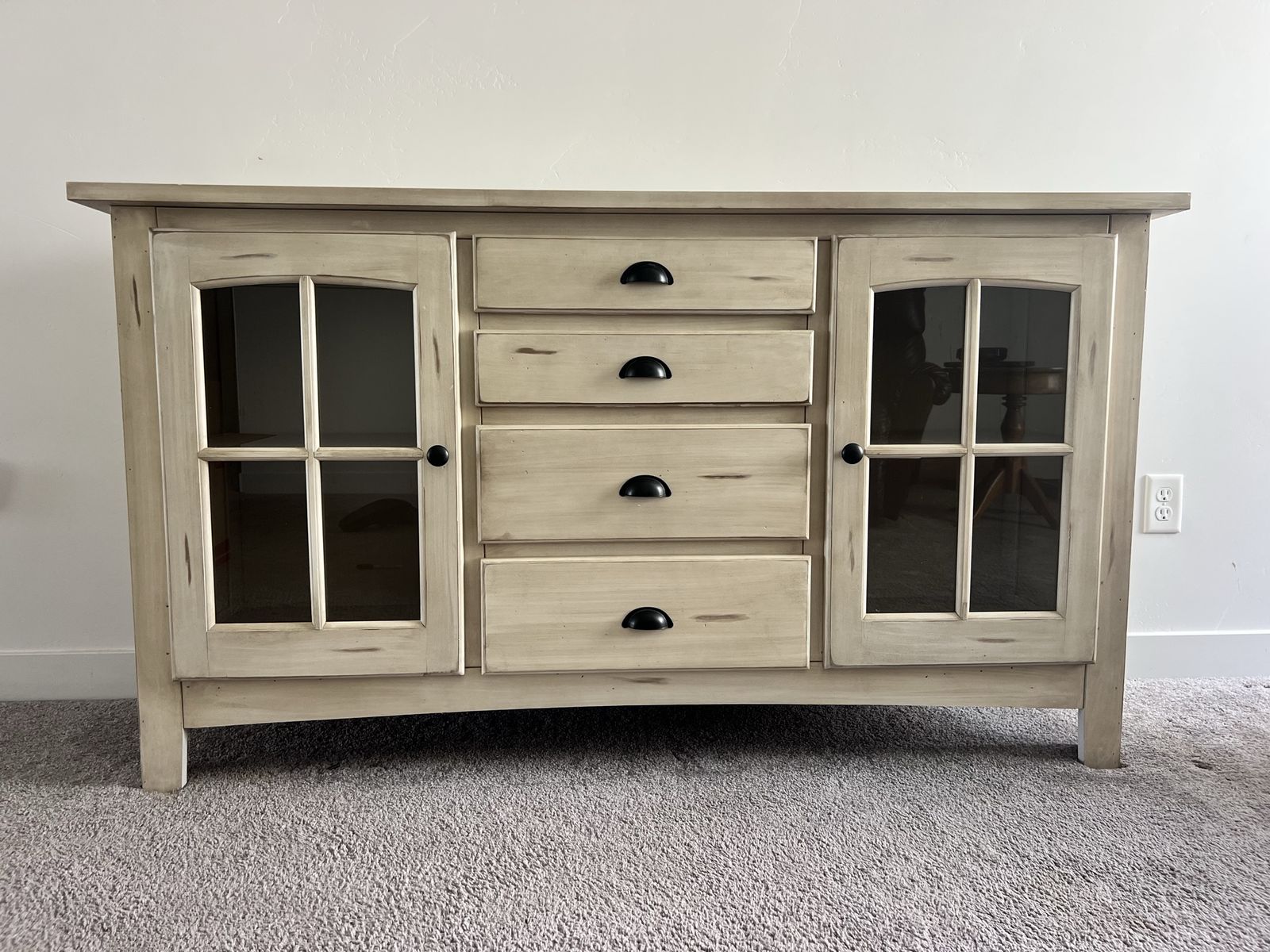 Rustic Farmhouse Style Sideboard Media Cabinet (entertainment center)with Glass Doors and 4 Drawers