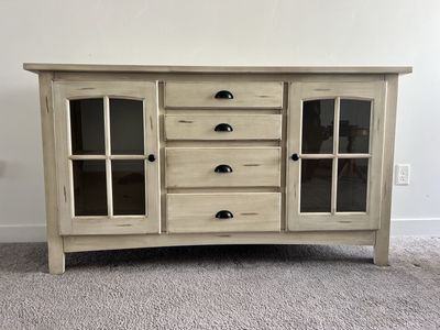 Rustic Farmhouse Style Sideboard Media Cabinet (entertainment center)with Glass Doors and 4 Drawers