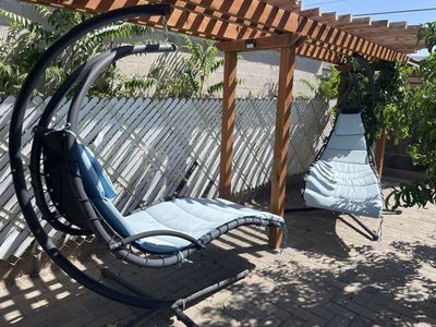 Outdoor Patio Swing Lounger Chair with Light Blue Cushion - Single Person Relaxing Hammock