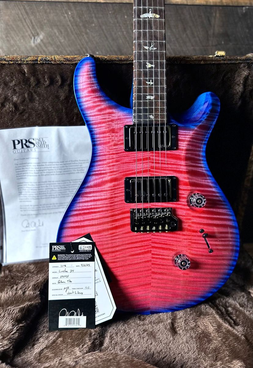 PRS Wood Library Custom 24, 10 Top Brazilian Rosewood Fretboard 58/15lt Korina Back - Bonnie Pink with Blue Wrap Micro Burst