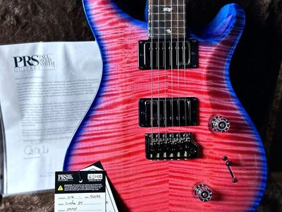 PRS Wood Library Custom 24, 10 Top Brazilian Rosewood Fretboard 58/15lt Korina Back - Bonnie Pink with Blue Wrap Micro Burst