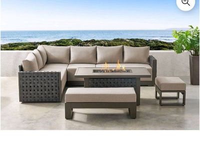 Brenton collection 6 pieces Outdoor Sectional Patio Set with Fire Pit Table, Bench & Protective Cover