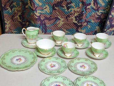 Vintage Royal Albert Blossom Time Tea Set - 19-Piece Mint Green Floral Gold Trim Teacups Saucers Plates