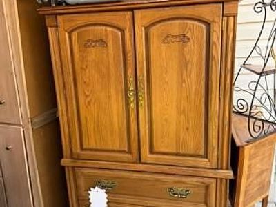 Oak Wood Entertainment Center Armoire with Two Lower Drawers
