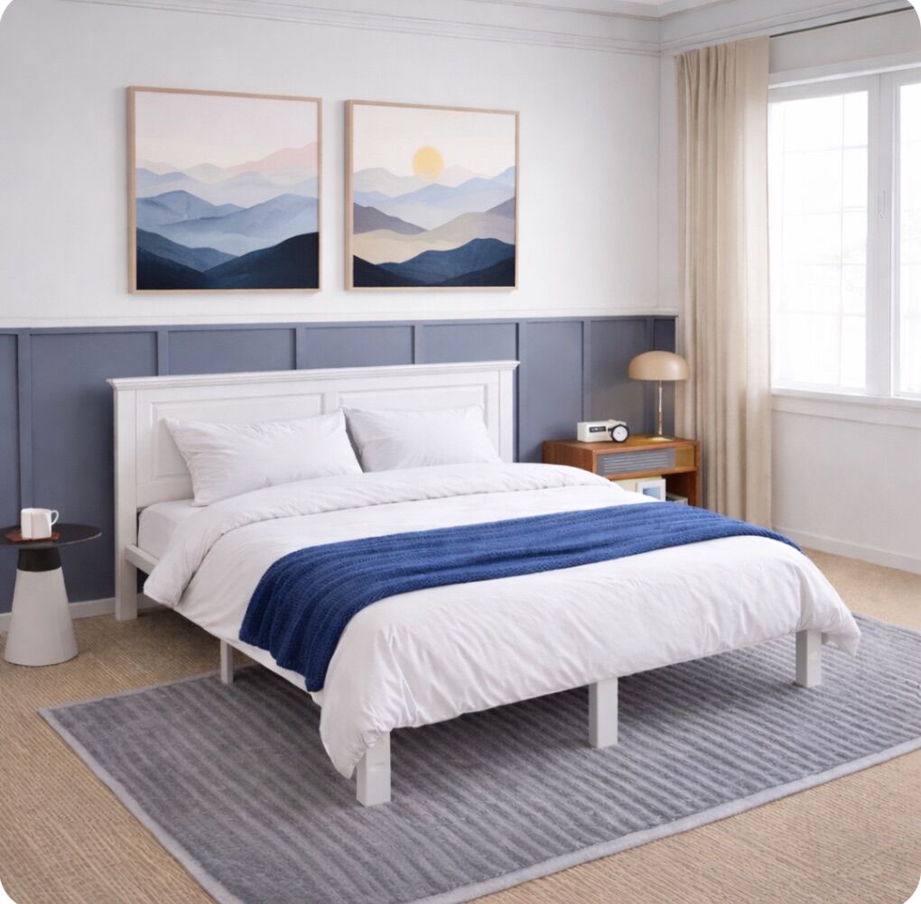 NEW Queen Bed - White Solid wood headboard W/frame