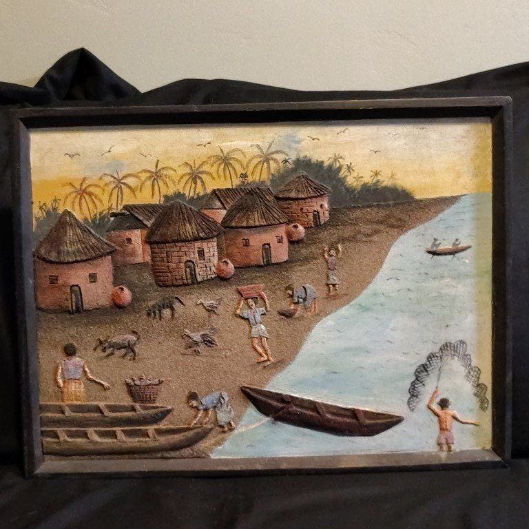 Vintage Mid-Century African Sand Relief Wood Art