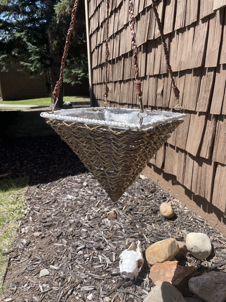 repurposed leather brass and wicker planter