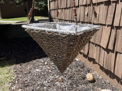 repurposed leather brass and wicker planter