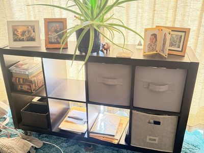 Black Cube Storage Organizer with 6 Cubbies, 3 Fabric Bins Included - Versatile Shelf Unit