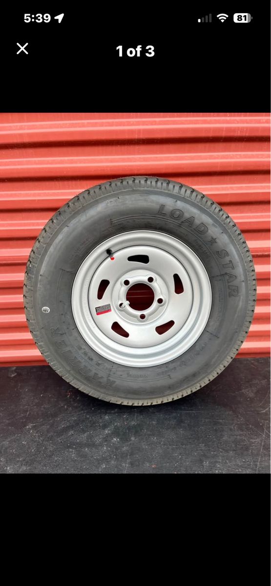 Selling as a Spare Brand New Load Star ST 185/80 R 13 Trailer Tires Mounted on New Silver Mod Wheel.  