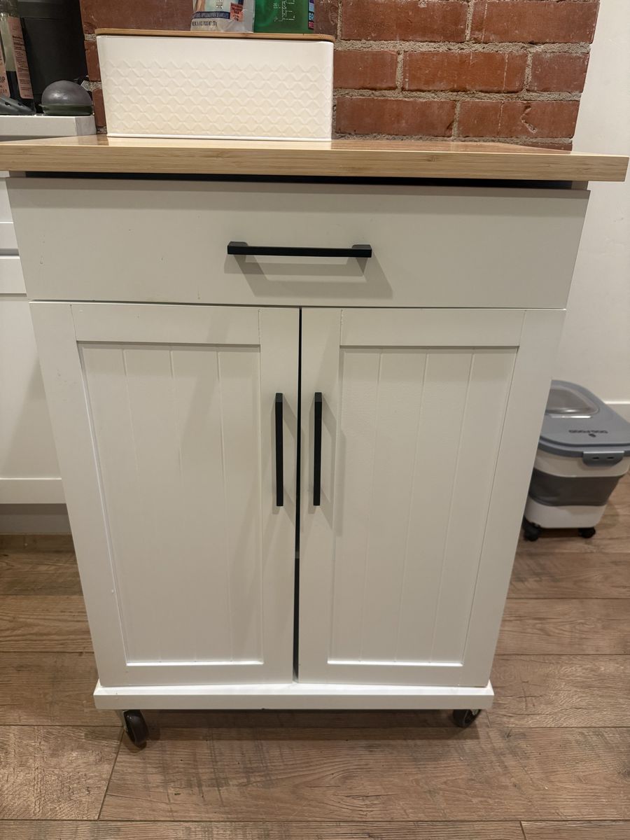 White Wood Kitchen Island Cart with Bamboo Top, Storage Drawer, Cabinet & Towel Rack (add on) on Wheels