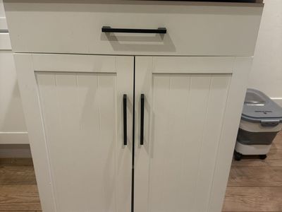 White Wood Kitchen Island Cart with Bamboo Top, Storage Drawer, Cabinet & Towel Rack (add on) on Wheels
