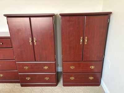 Pair of Cherry Finish Wooden Armoire Dressers with Brass Hardware
