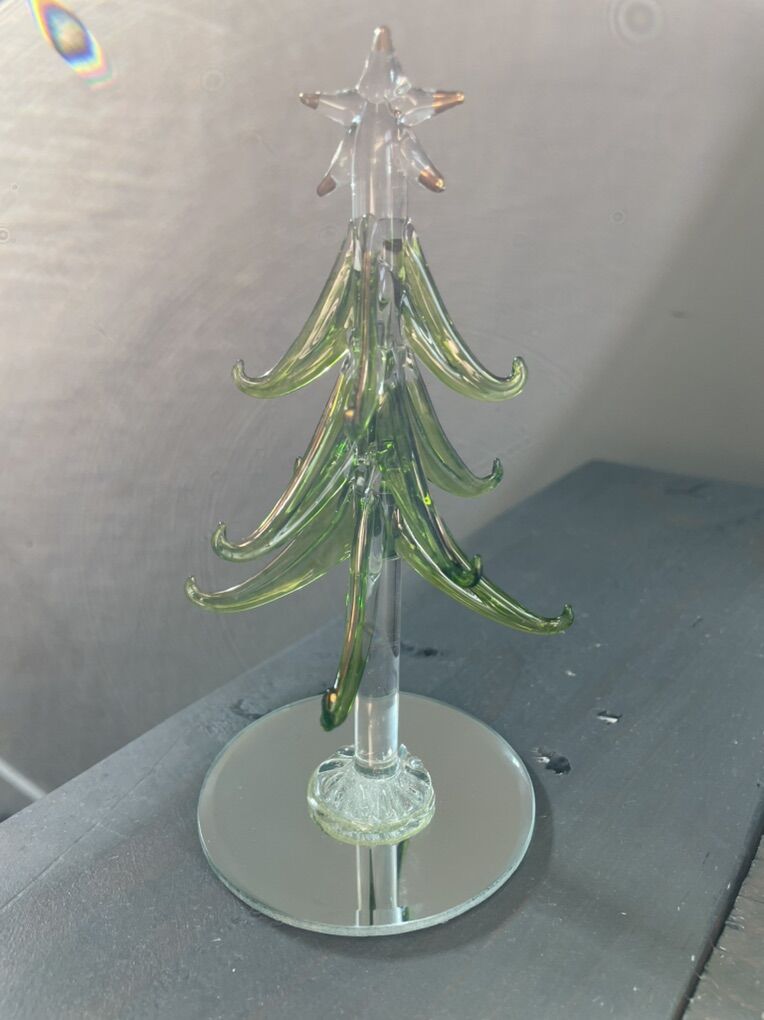 Blown Green Glass Christmas Tree With Gold 6 Inch