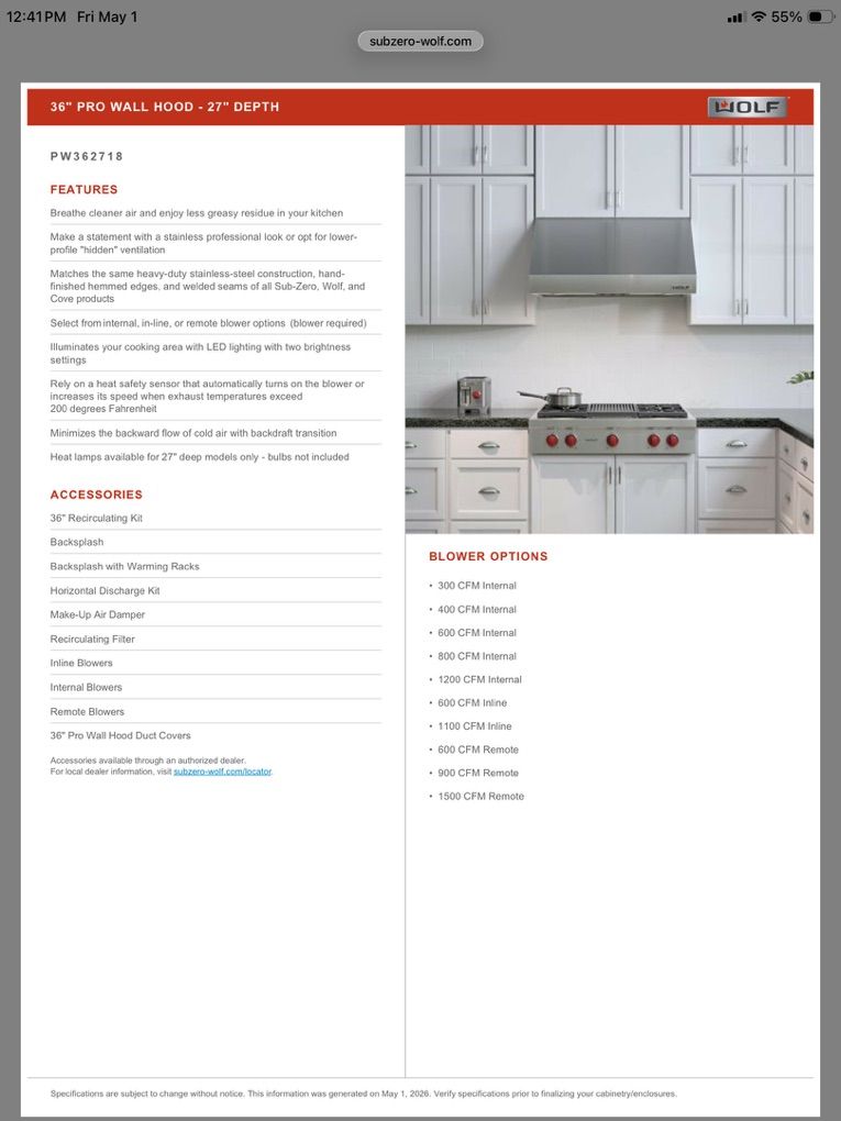 New In Box, Wolf Kitchen Exhaust Hood