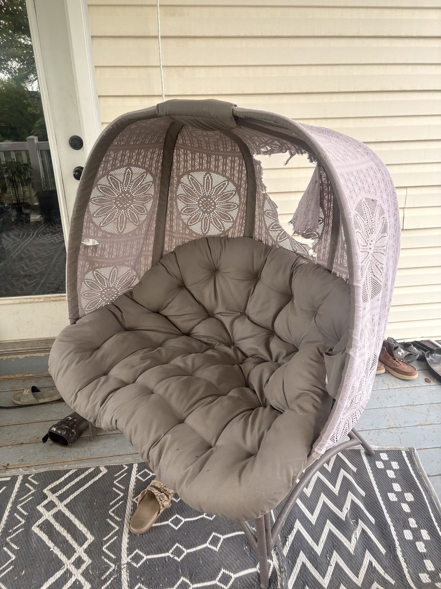 Outdoor Egg Chair Lounger with Canopy and Tufted Cushion - As Is