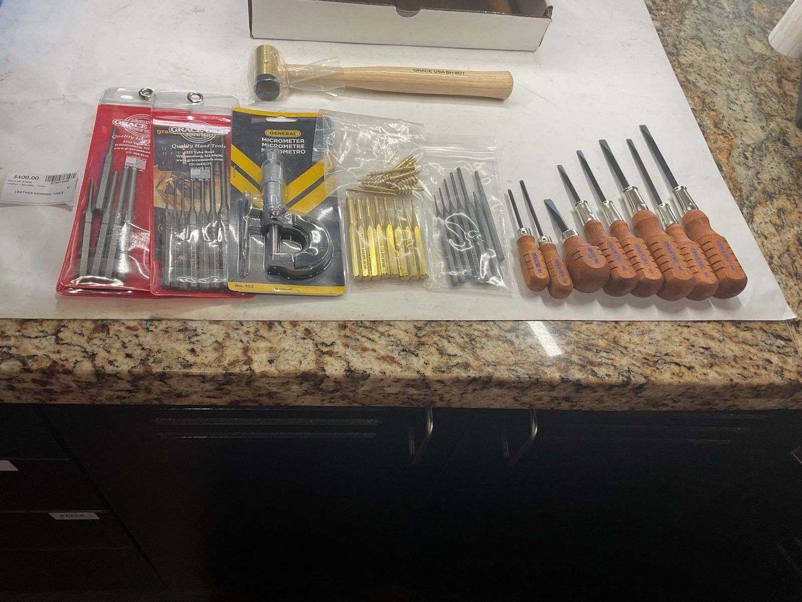 Grace USA Wood Handle Screwdriver Set, Punches, Micrometer & Brass Hammer - Leather Working Tools E75013568