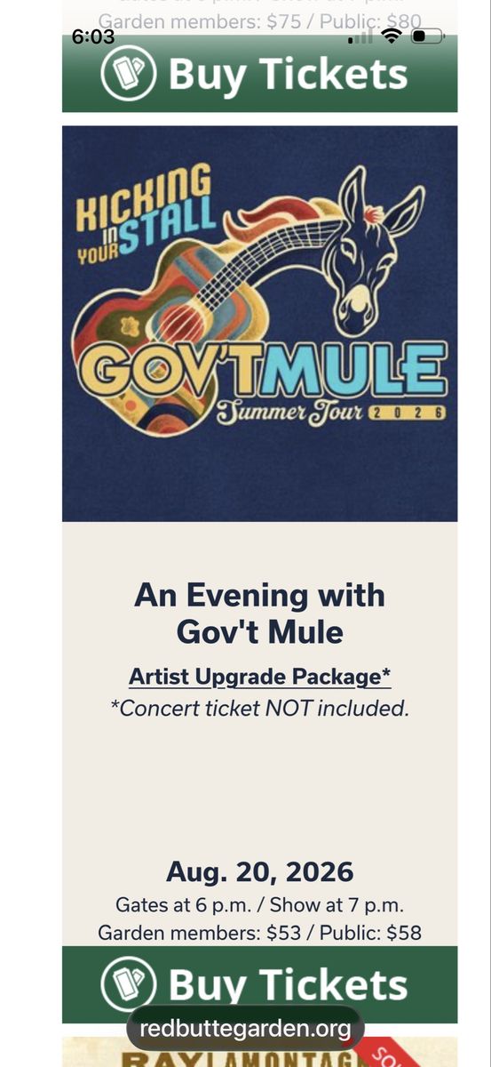 Gov't Mule ticket - Aug 20, 2026 at Red Butte Garden