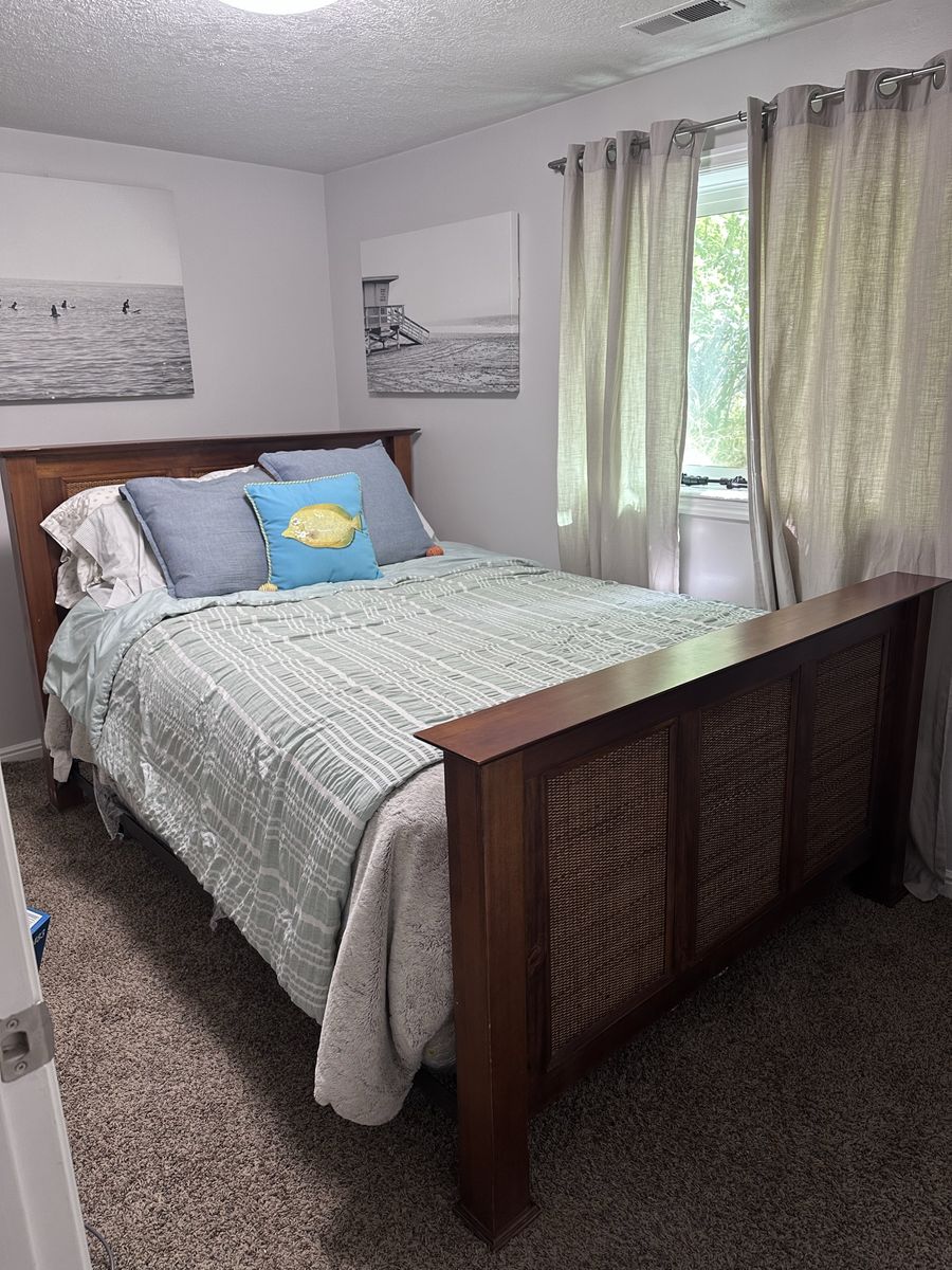 Full Size Wood Bed Frame with Woven Rattan Panels - Headboard & Footboard Included