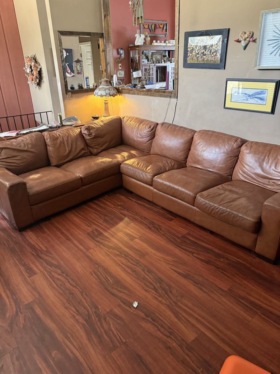 Used Brown Leather Sectional Sofa - Good Condition, 4 Years Old