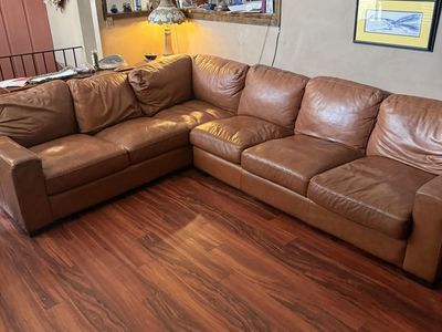 Used Brown Leather Sectional Sofa - Good Condition, 4 Years Old