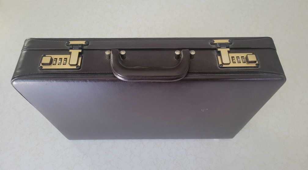 Vintage Dark Brown Leather Briefcase with Brass Combination Dual Locks