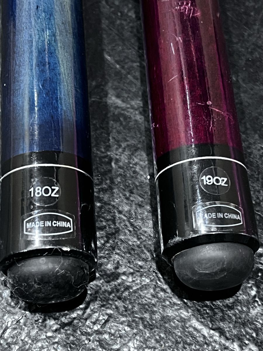 2 Pool Cues - 18oz Blue & 19oz Purple - 48”