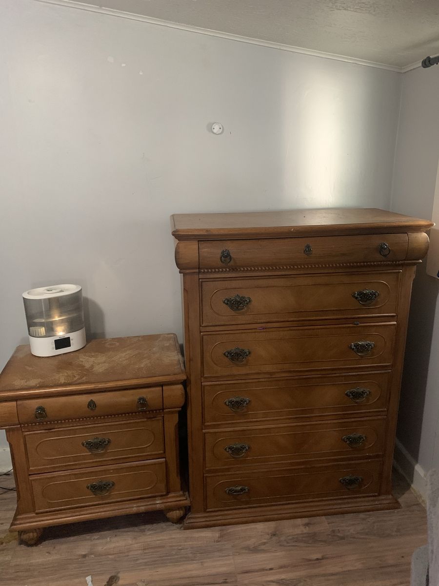 Wooden Bedroom Dresser and Nightstand Set with Ornate Hardware