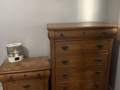 Wooden Bedroom Dresser and Nightstand Set with Ornate Hardware