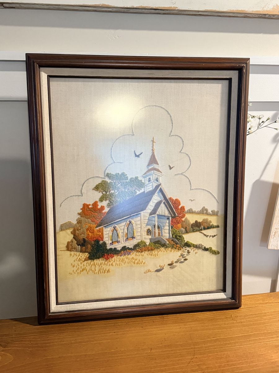 Vintage Framed Sunset Country Church Crewel